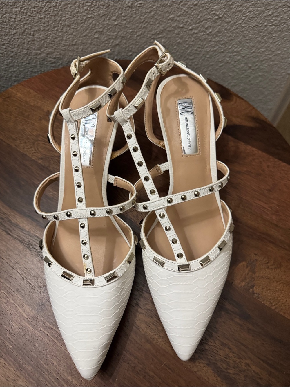 INC International Concepts White Studded T‑Strap Pointed Heels